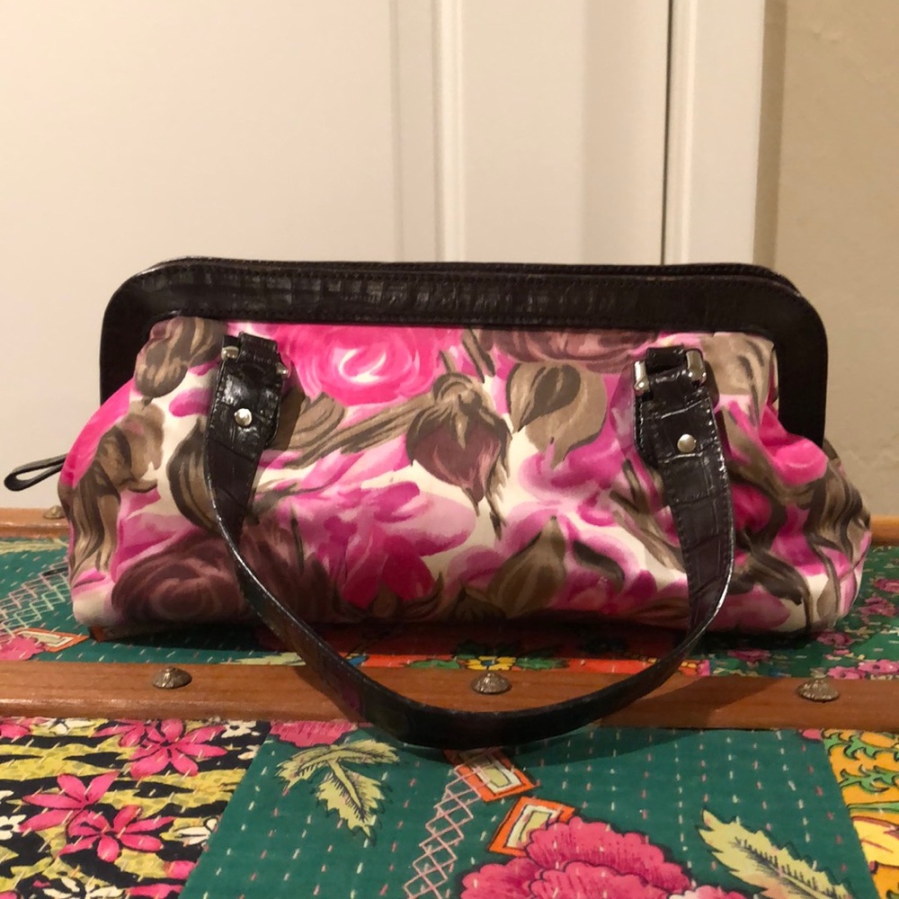Floral Fabric Bag with Leather Trim